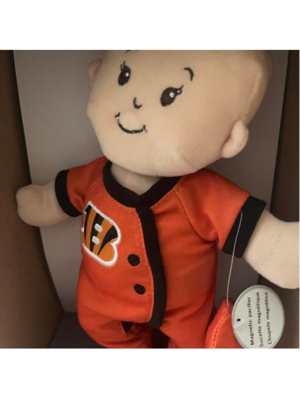 NFL Cincinnati Bengals baby doll with magnetic pacifier in orange jersey with bl - Picture 3 of 6